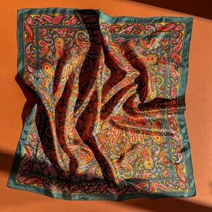 Vintage 1970s Green and Red Paisley Silk Scarf
